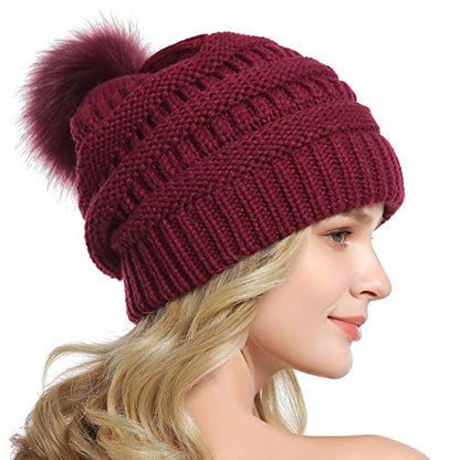 Winter Women Thick Cable Knit Ribbed Infinity Circle Loop Scarf - color: 22- Burgundy Beanie and Scarf Set