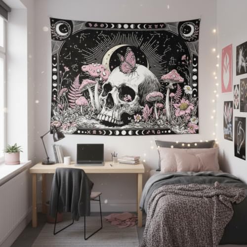 Accnicc Gothic Skull Butterfly Mushroom Tapestry 60 x 44 Inch - color: Pink White, size: 60"L x 44"W