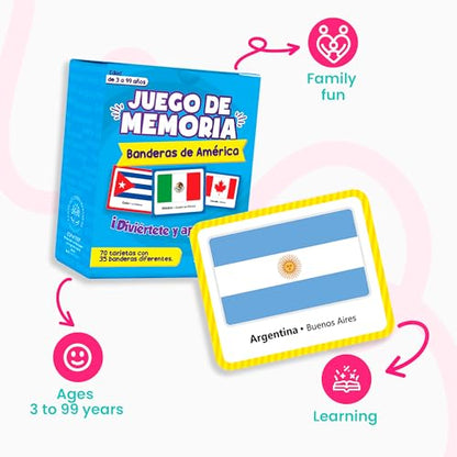Menique Flags of the Americas Memory Matching Game – Spanish Edition – 70 Cards (35 Pairs) with Flags, Countries & Capitals – Educational Matching Game in Spanish for Kids and Adults - style: Americas