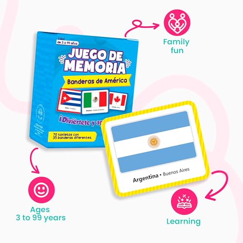 Menique Flags of the Americas Memory Matching Game – Spanish Edition – 70 Cards (35 Pairs) with Flags, Countries & Capitals – Educational Matching Game in Spanish for Kids and Adults - style: Americas