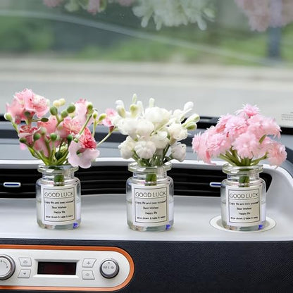 3 PCS Mini Flower Car Dashboard Decor Set, Cute Daisy Cherry Blossom Vase Ornaments, Natural Simulated 3D Vase Arrangement, Universal Rear View Mirror Dashboard Interior Accessories