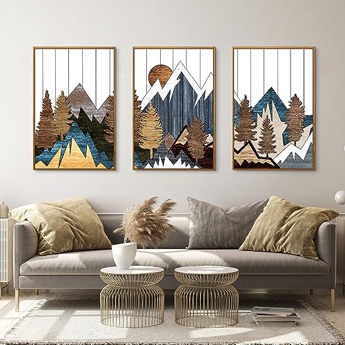 CHDITB Mountain Framed Canvas Wall Art Set of 3, 24"x36" Country Woodcut Style Wall Decor, Forest Nature Wilderness Wall Painting, Large Modern Art Prints for Living Room, Bedroom, Farmhouse, Office - color: Mountain, size: 24"L x 36"W