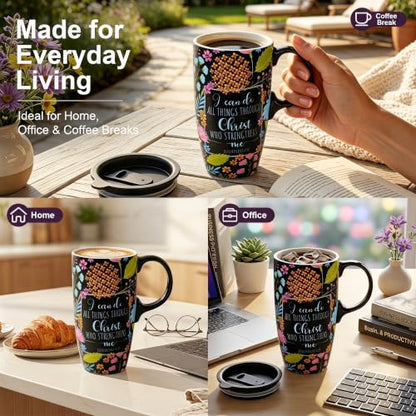 Topadorn 17oz Ceramic Travel Mug with Lid, Inspirational Coffee Mug - color: Flower