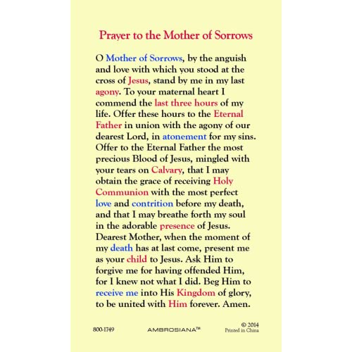 Needzo Holy Prayer Card, Our Lady of Sorrows Laminated Devotional Handout or Catholic Favor, 2.625 x 4.375 Inches (Pack of 5)
