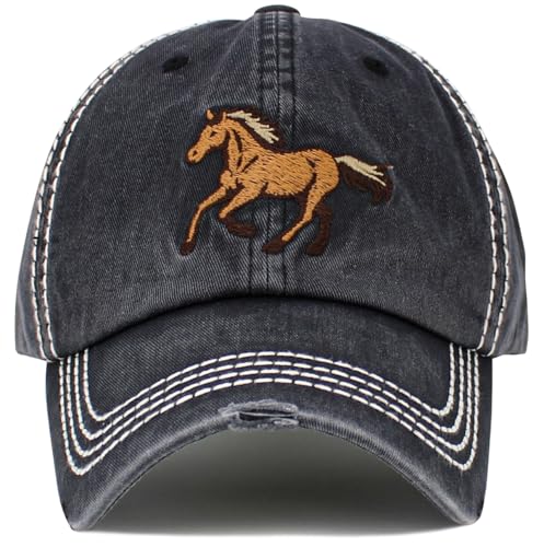 Bless Rodeo Country Horse Derby Womens Baseball Cap Distressed Vintage Unconstructed Embroidered Patch Hat - color: Black Horse Vintage Ballcap