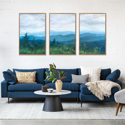 CHDITB 3Pcs Blue Ridge Mountain Forest Framed Canvas Wall Art 16x24 Inch - color: Blue Mountain, size: 16"L x 24"W
