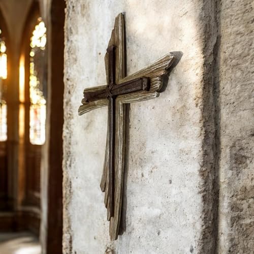 Top Brass Rustic 3-Nail Wall Cross – 12 ½” Resin Christian Cross with Weathered Wood Look and Symbolic Nails of Christ’s Crucifixion – Religious Jesus Crucifix Art