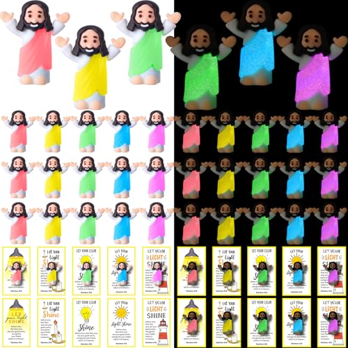 CroBlissful 30 Sets Mini Jesus Figurines Bulk Christian Glow in The Dark with Let Your Light Shine Cards for Christian Sunday School Religious Party Favor Halloween(Raise Your Hands) - style: Raise Your Hands