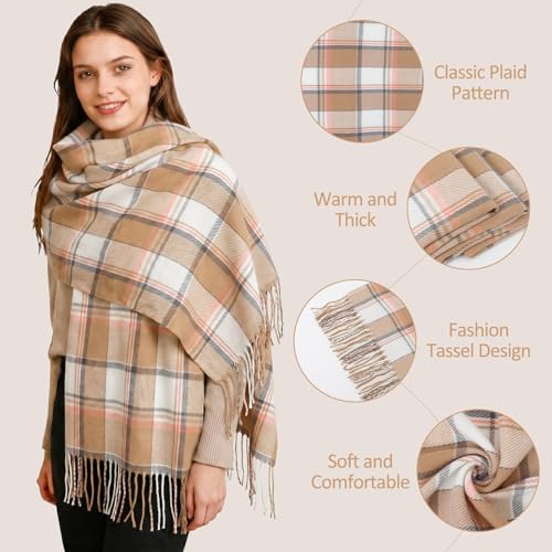 Loritta Winter Scarf for Women, Long Plaid Shawl Wraps Scarves Gifts - color: E-brown Beige Lattice