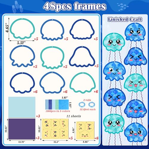 48PCS Summer Crafts: Paper Jellyfish Suncatchers DIY Kits, Window Stained Glass Effect Art Supplies - style: jellyfish