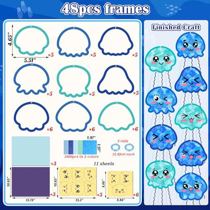 48PCS Summer Crafts: Paper Jellyfish Suncatchers DIY Kits, Window Stained Glass Effect Art Supplies - style: jellyfish