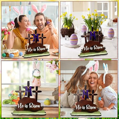 JNYVE Easter Table Decorations for Home: He is Risen Decor Religious Christian Scene Decoration Wooden Cross Tabletop Signs for Home Rustic Farmhouse Spring Decor - style: Modern