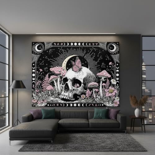 Accnicc Gothic Skull Butterfly Mushroom Tapestry 90 x 68 Inch - color: Pink White, size: 90"L x 68"W