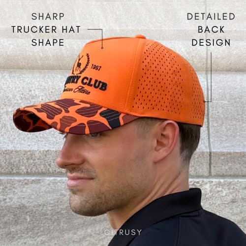 CITRUSY Athletic Trucker Golf Hat | Performance Mens 5 Panel Cap | Cool Breathable Waterproof Workout Running Snapback - color: Country Club | Blaze Orange