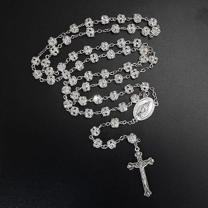 Nazareth Store Colorful Zirconia Crystal Beads Rosary Silver Catholic Necklace with Miraculous Medal Cross Crucifix Multicolor Rosaries in Velvet Bag - color: Clear