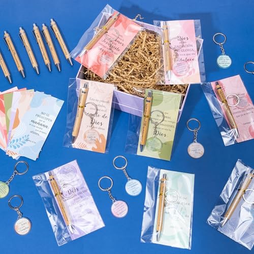ANGOLIO 230 Spanish Christian Colorful Boho Religious Gifts Bulk Easter Gift Regalos Cristianos En Español Bible Verse Bamboo Pen Keychain Bookmark Inspirational Gift for Women Men VBS Church Favor - style: Colorful Boho