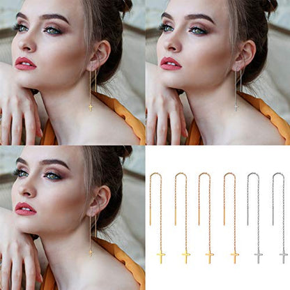 Cupimatch 3-6 Pairs Stainless Steel Cross Dangle Huggie Hinged Hoop Earrings for Men Women (1 Pair Silver Cross) for Mother's Day - color: Threader-3pack