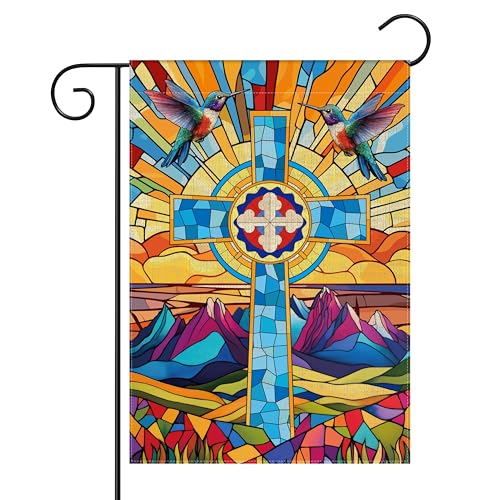 WATINC Christian Stained Glass Cross Garden Flag - 12 x 18 Inch Linen Religious Jesus Double Sided Yard Sign for Outside, Easter Spring Summer Christ Faith House Outdoor Decor for Porch Lawn
