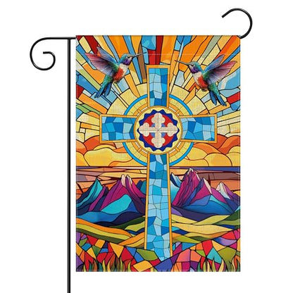 WATINC Christian Stained Glass Cross Garden Flag - 12 x 18 Inch Linen Religious Jesus Double Sided Yard Sign for Outside, Easter Spring Summer Christ Faith House Outdoor Decor for Porch Lawn