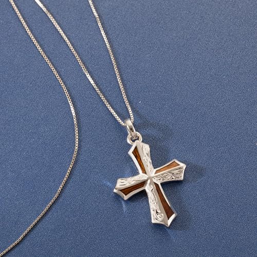 Sterling Silver Koa Wood Inlay Cross Crucifix Necklace Pendant with 18" Box Chain, Nickel Free Hypoallergenic for Sensitive Skin, Gift Box Included - color: Hawaiian Heirloom Cross