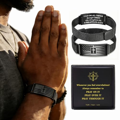RINHOO Men's American Flag Cross Bracelet Bible Verse Stainless Steel - style: Black-Philippians 4:13