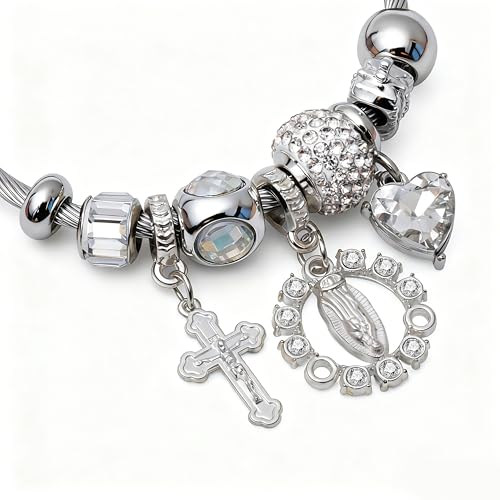 A&K Collections Mothers Day 18K Gold Beads Easter Basket Stuffers Bangle with Rhinestones Pandora Style Trendy Cross Heart Charm Luxury Adjustable Bracelet for Women Teen Girl Gifts Trendy Stuff Religious Jewelry - color: SILVER