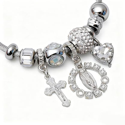 A&K Collections Mothers Day 18K Gold Beads Easter Basket Stuffers Bangle with Rhinestones Pandora Style Trendy Cross Heart Charm Luxury Adjustable Bracelet for Women Teen Girl Gifts Trendy Stuff Religious Jewelry - color: SILVER