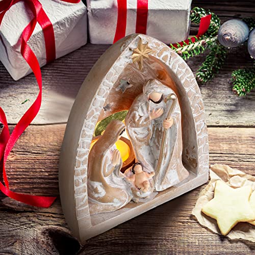 WILLBOND Nativity Sets for Christmas Indoor Holy Family Manger Scene Small Nativity Set with LED Lights Resin Figurine Tealight Candle Holder Tabletop Decor Gift for Holiday(6.7 x 5.5 x 3.9 Inch) - size: 6.7 x 5.5 x 3.9 Inch