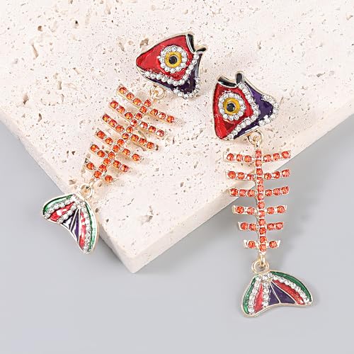 Fish Bone Earrings Drip Oil Animal Earrings Colorful Crystal Sparkly Enamel Earrings Creative Long Fishbone Earstud Dangle Fish Drop Earrings Jewelry for Women - color: Red-1