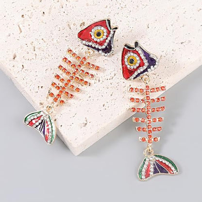 Fish Bone Earrings Drip Oil Animal Earrings Colorful Crystal Sparkly Enamel Earrings Creative Long Fishbone Earstud Dangle Fish Drop Earrings Jewelry for Women - color: Red-1