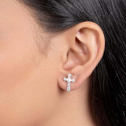 Religious Crucifix Cross Stud Earrings .925 Sterling Silver Communion Gift