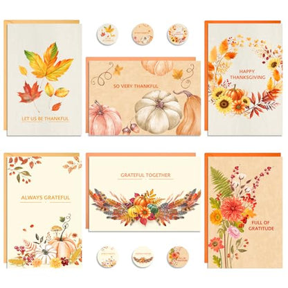Thboxes 24 Pack Thanksgiving Cards with Envelopes, 4 x 6 in Bulk Thanksgiving Cards with Stickers, 6 Designs Thanks & Blessings Greeting Card Boxed for Fall Autumn Holiday Happy Harvest Party - style: Thanksgiving Card