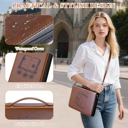 AKONEGE Bible Cover with Handle & Shoulder Strap for Women Girls, Brown - color: Brown