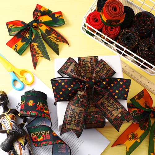 12 Rolls Black History Month Ribbons 2 Inch x 60 Yards Wired Edge Fabric Ribbons Craft Assortment Black History Month Themed Pattern Wrapping Crafts for DIY Gift Hair Sewing Wreath 12 Styles - style: Black Month