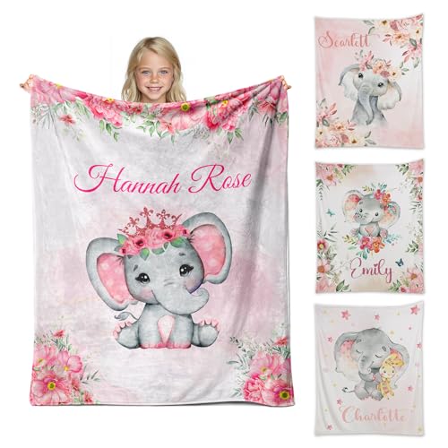Personalized Baby Elephant Blanket for Girls with Name - color: Pink Elephant