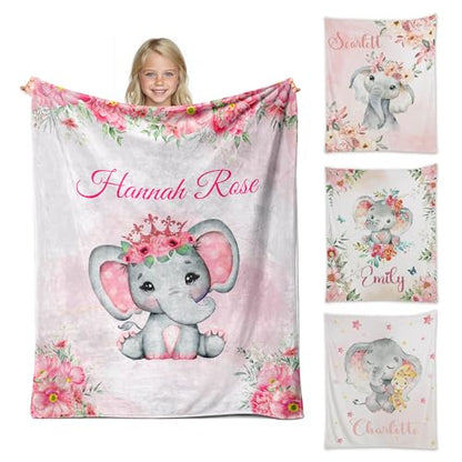 Personalized Baby Elephant Blanket for Girls with Name - color: Pink Elephant