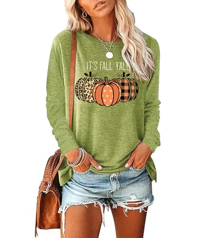 Womens Pumpkin Graphic Sweatshirts Crewneck Casual Fall Long Sleeve Tops - color: Green, size: XX-Large