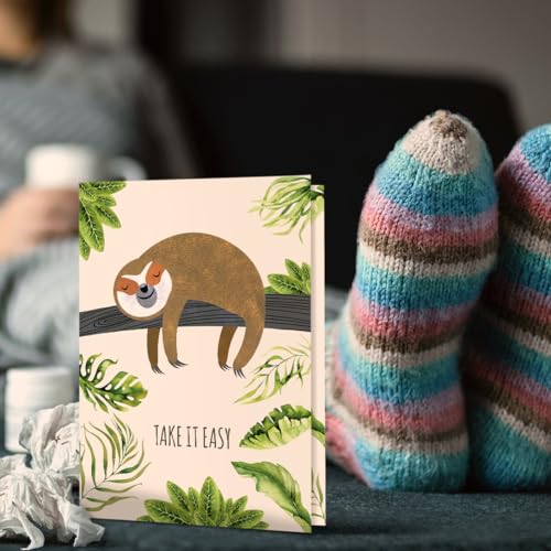 Tree-Free Greetings "Take It Slow" Sloth Get Well Card - 1 Recycled 5x7 Card & Matching Envelope, Thick Cardstock, Sustainably Made in USA - Relaxing Jungle Theme - color: Sloth Slow Lane