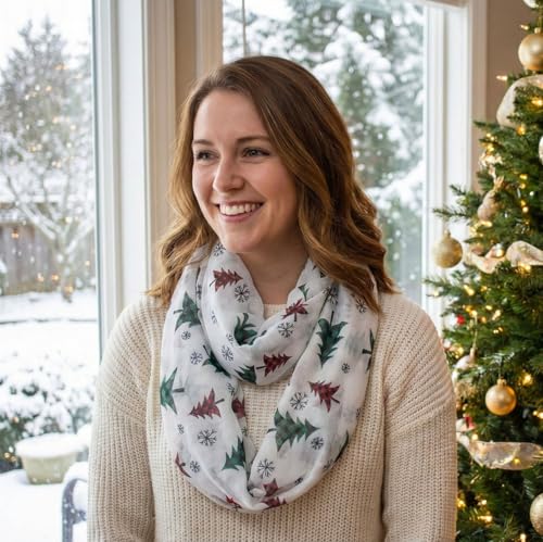 VIVIAN & VINCENT Gift Wrapped Fall Winter Soft Lightweight Holiday Sheer Infinity Christmas Scarf for Women Girls - color: Plaid Christmas Tree Red and Green