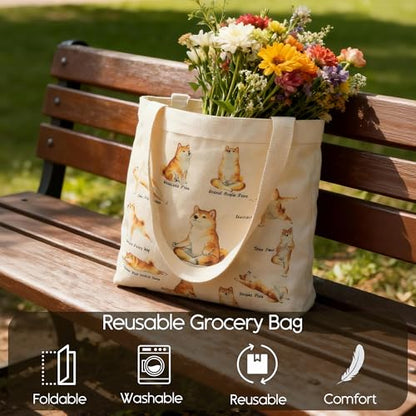 Large Tote Shopping Bag Cotton Canvas-Reusable grocery Bag with Zipper Aesthetic Reusable Shoulder Bag - style: Style-h