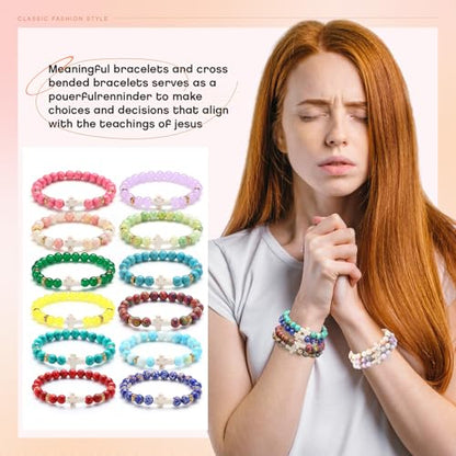 Huquary 24 Pcs Cross Beaded Bracelets, 8mm Christian Stone - color: Stylish