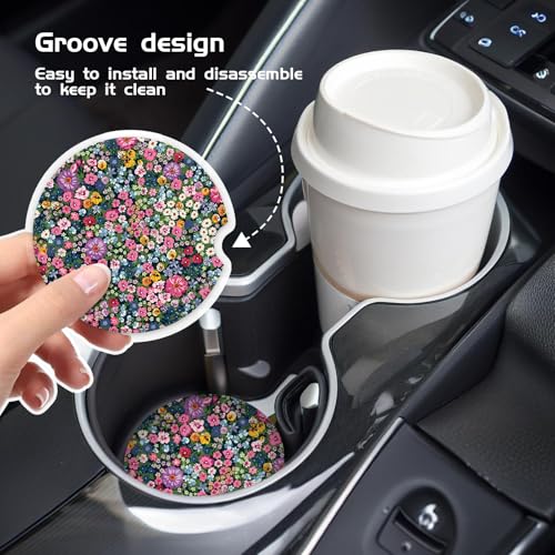 COYEUX Absorbent Car Cup Holder Coaster 2 Pack, Funny Car Accessories Interior, 2.56" Cute Car Coasters with a Finger Notch for Women & Men Colorful Boho Leaf