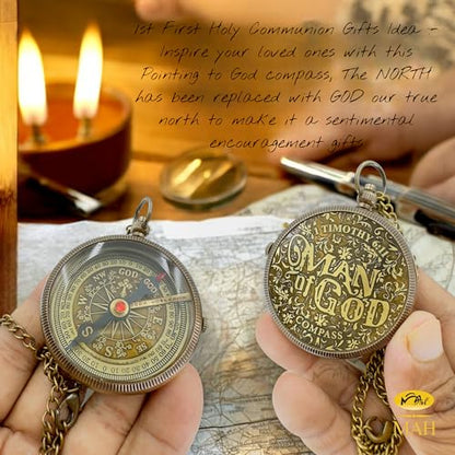 Handmade Religious Brass Compass Gift with Engraved & Embossed Faith Messages – Inspirational Christian Religious Gift Keepsake for Baptism, Confirmation, Christening, First Communion or Christmas - style: Man of God – Edition 1