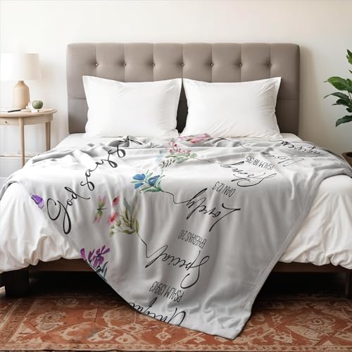 God Says I Am Christian Blanket, Christian Gifts for Women Faith, Bible Verse Floral Blanket for Bedroom Living Room Couch Sofa, 50x60 Inches - color: White, Purple