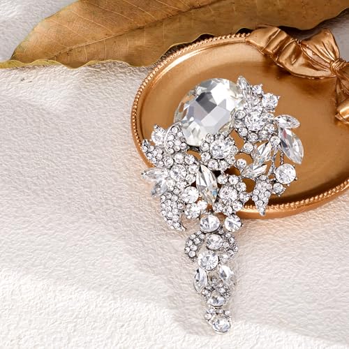 SELOVO Large Long Flower Brooch Pin for Women Wedding Party Brooch Pendant - color: Clear&Silver-tone