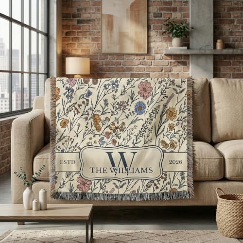 Chillever Personalized Monogram Woven Blanket with Last Name, Custom Floral Throw Blankets for Couch Bed, Cotton Anniversary Wedding Gift for Couple, New Home Housewarming Presents 4 - color: A7