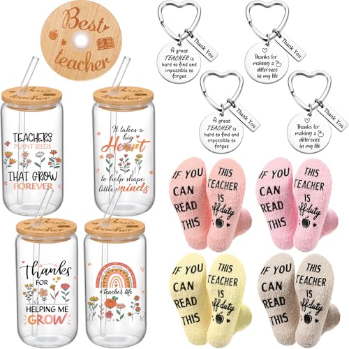 Funnymoom 12 Pcs Teacher Gift Set for Women Flower Theme 16 oz Inspirational Glass Cups with Lids and Straws Brushes Motivational Socks and Thank You Keychains End of Year Graduation Gift for Teacher - style: Flower