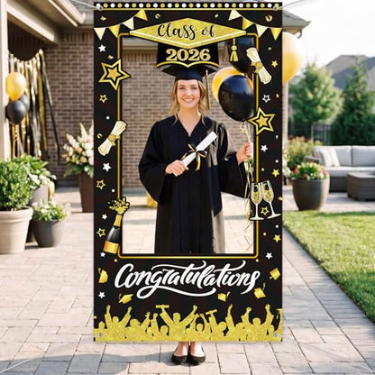 WovWeave Class of 2026 Graduation Photo Booth Props Frame 71x39 Inch - Black and Gold Graduation Decorations Backdrop Large Congratulations Banner for High School College Party Selfie Background - style: Black Gold Grad