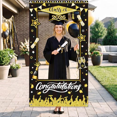 WovWeave Class of 2026 Graduation Photo Booth Props Frame 71x39 Inch - Black and Gold Graduation Decorations Backdrop Large Congratulations Banner for High School College Party Selfie Background - style: Black Gold Grad