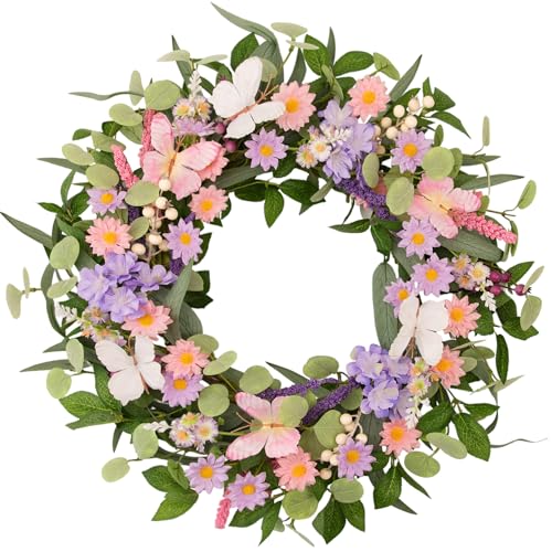 22 Inch Spring Summer Floral Wreath, Pink Purple Daisy Wreath with Butterflies and Eucalyptus Leaves, Front Door Farmhouse Decor for Indoor Outdoor All Seasons - color: A